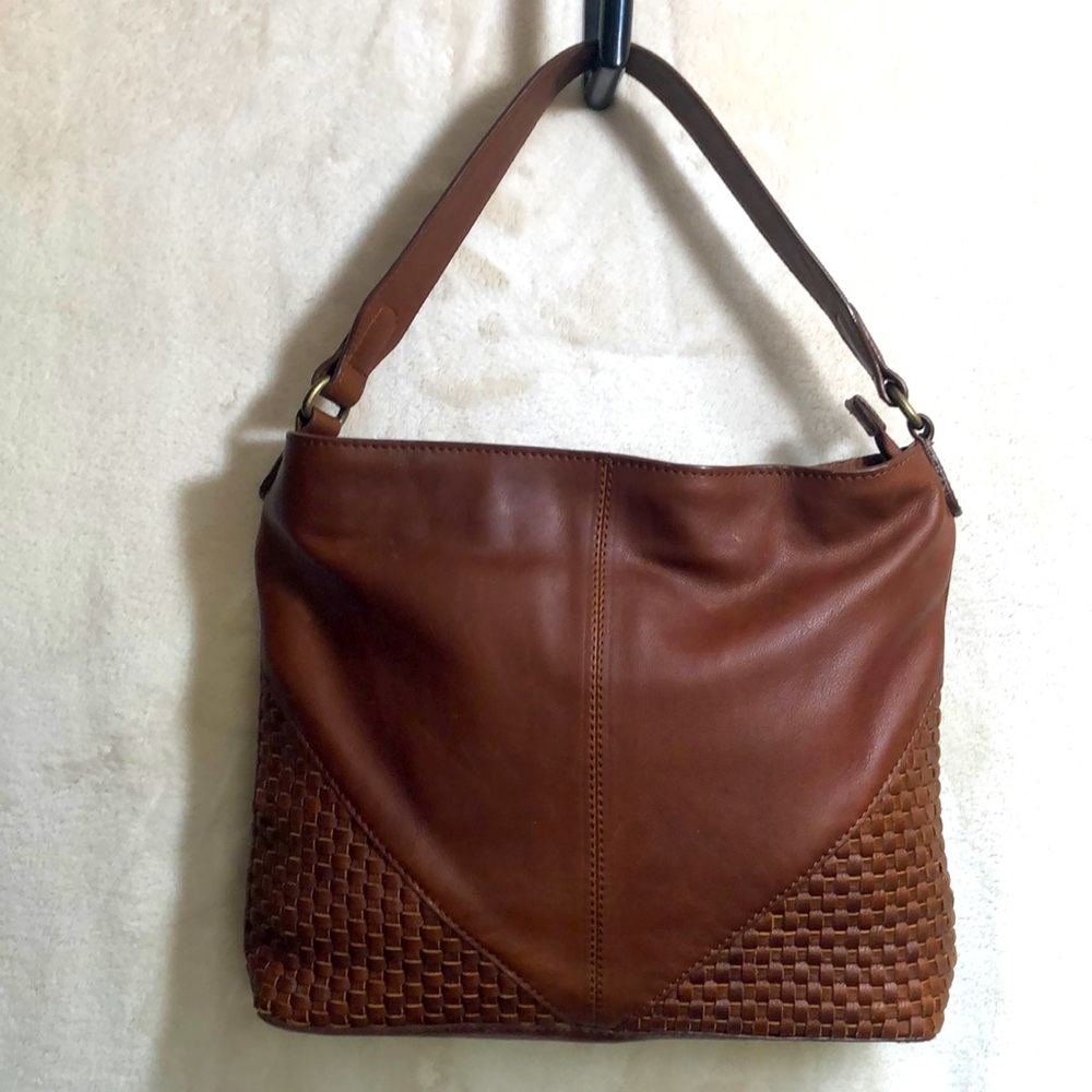 Fat Face of London Woven Leather Shoulder Bag Wide Strap Western boho